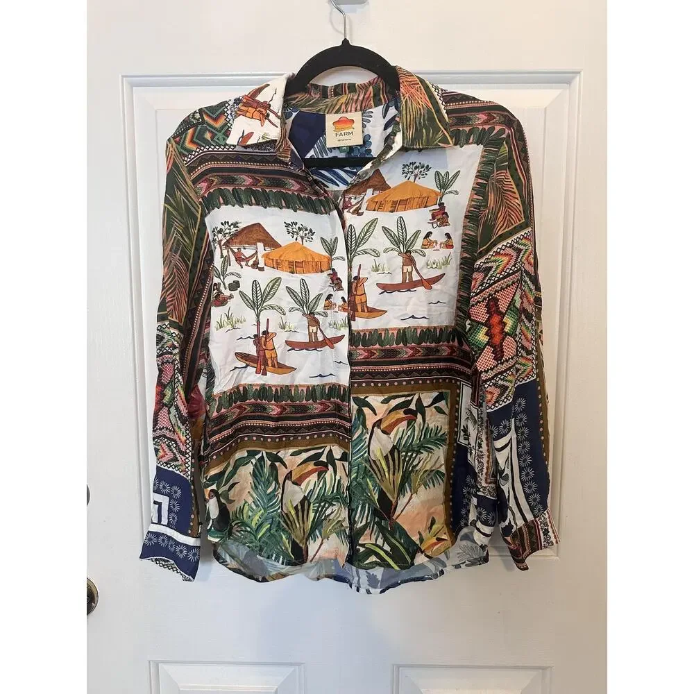 Farm Rio Shirt Womens XS Multicolor Tropical Patchwork Button Front Boho - Picture 2 of 7